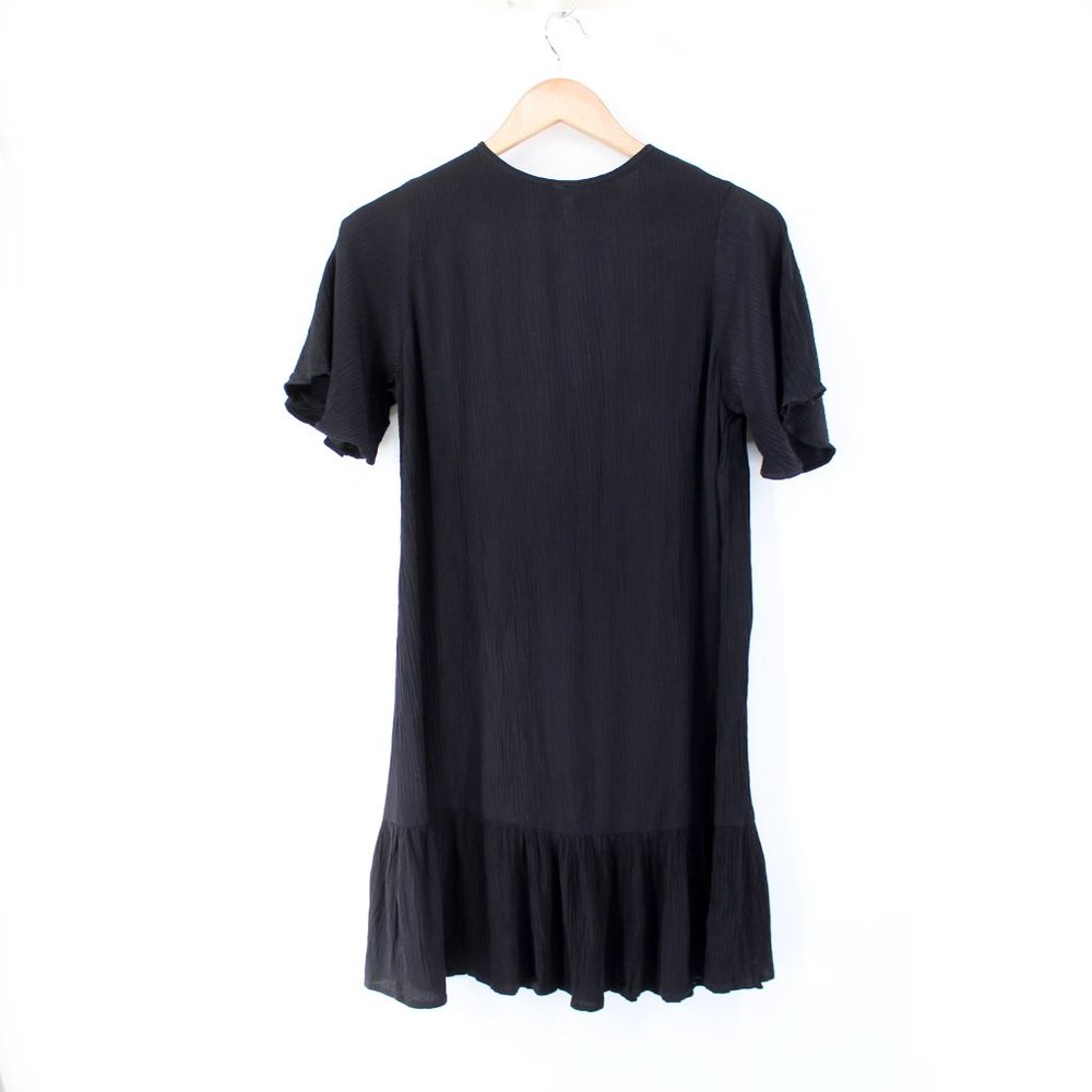 Rue Stiic Crinkle Textured Mini Dress Flutter Sleeve Keyhole Tie Black Small - Picture 8 of 16